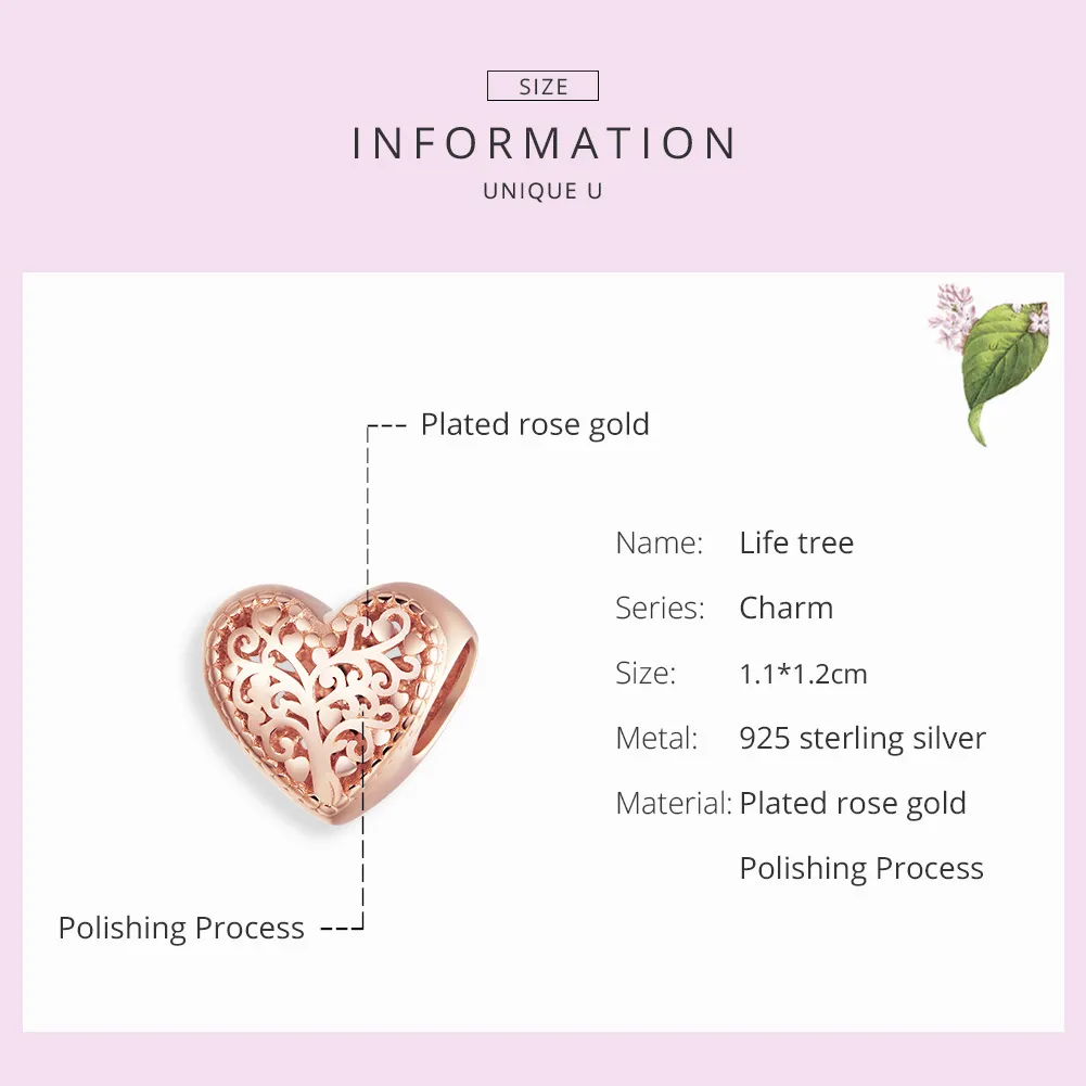 Pandora Style Rose Gold Rose Family Tree Charm - BSC215