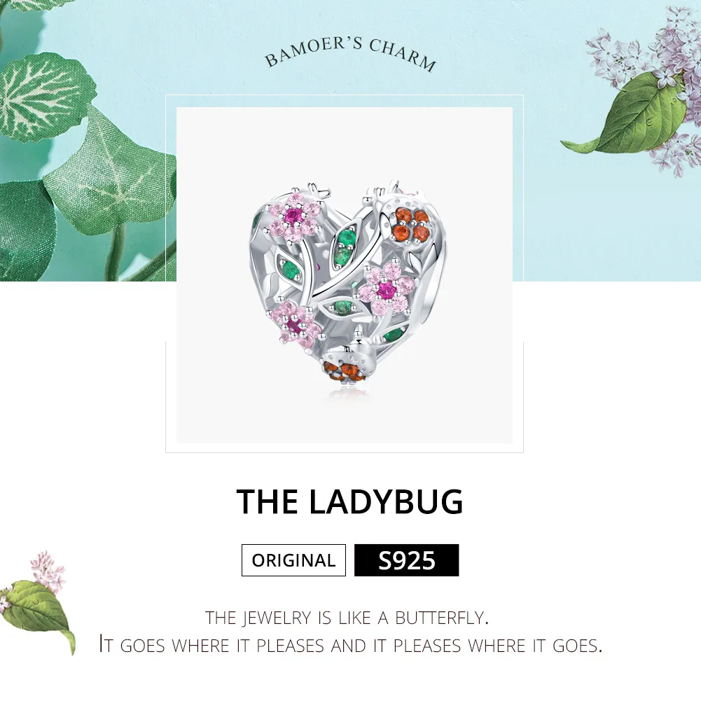 Pandora Style Silver Ladybug & Flowers Charm - BSC117