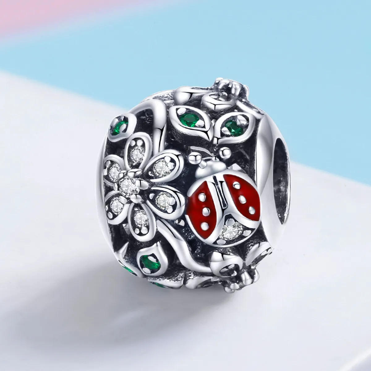 Pandora Style Silver Ladybugs And Flowers Charm - SCC926