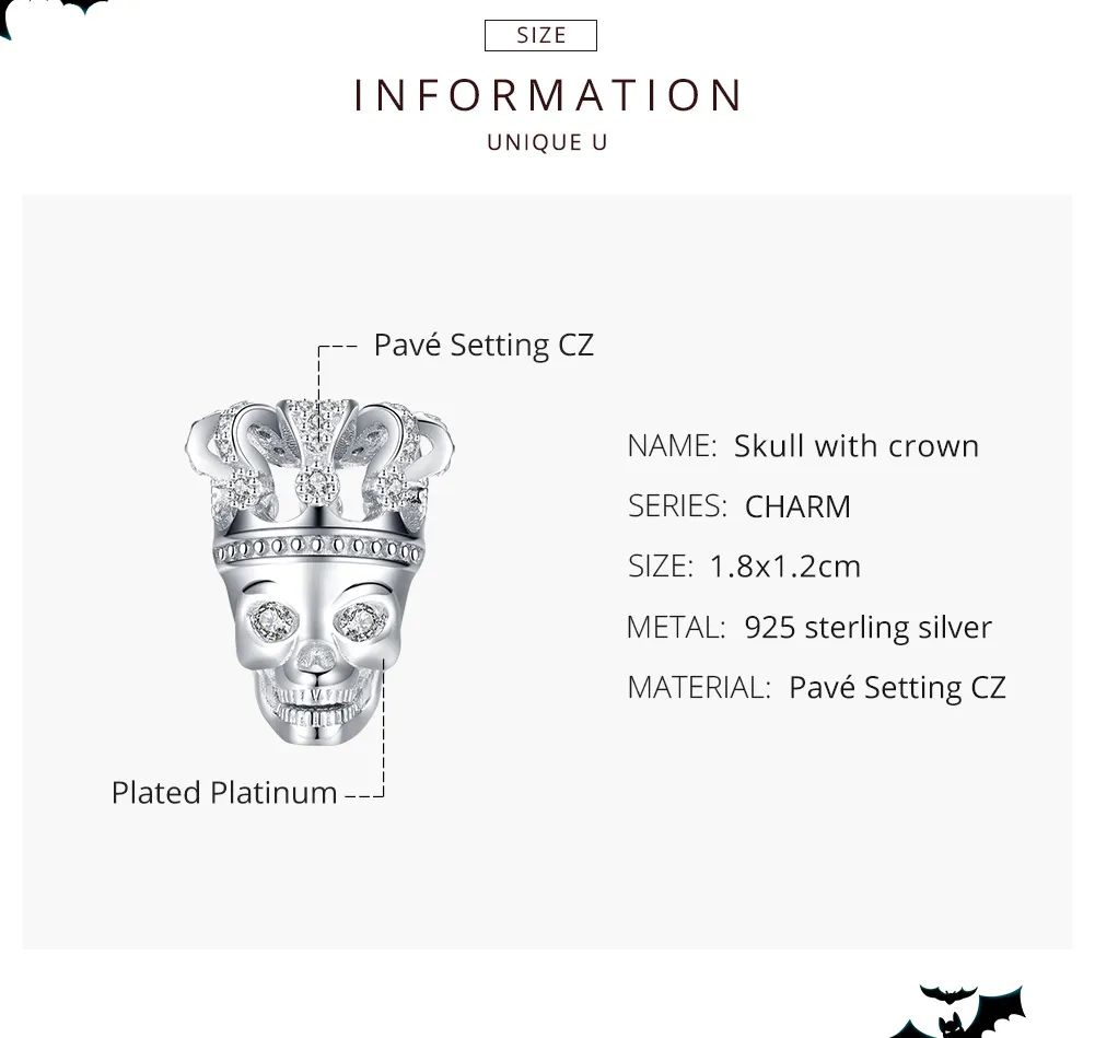 Pandora Style Silver Skull With Crown Charm - SCC1361