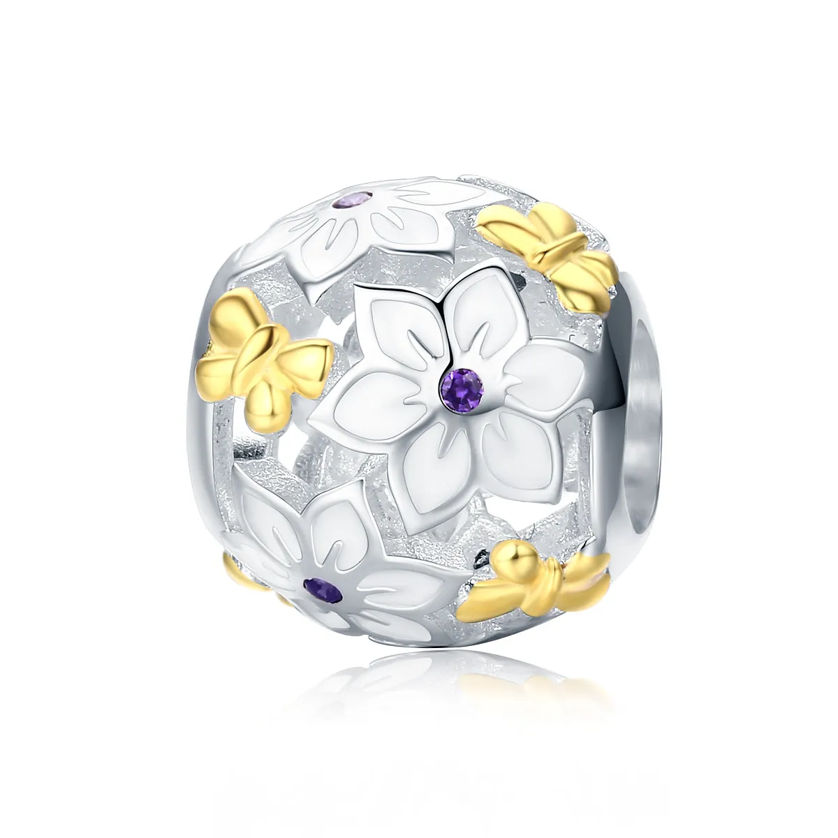 Pandora Style Two Tone Bicolor Flowers And Butterflies Charm - SCC546