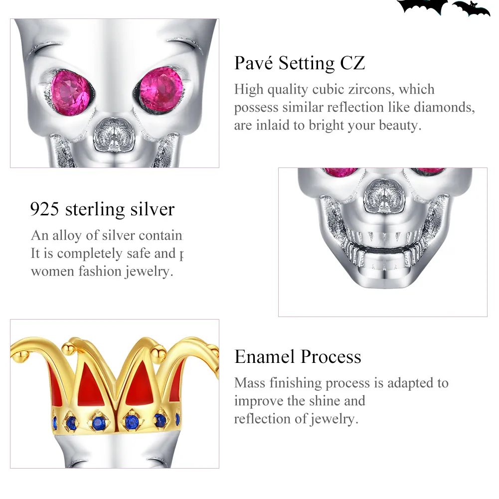 Pandora Style Two Tone Bicolor Skull of Clown Charm - SCC1363