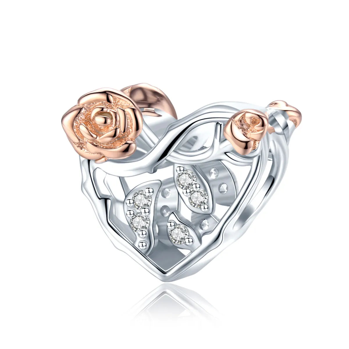 Pandora Style Two Tone Heart With Roses Charm - BSC280