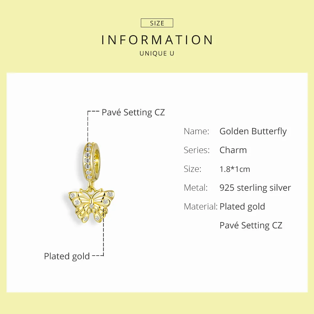 Pandora Style 18ct Gold Plated Golden Butterfly Dangle - BSC248