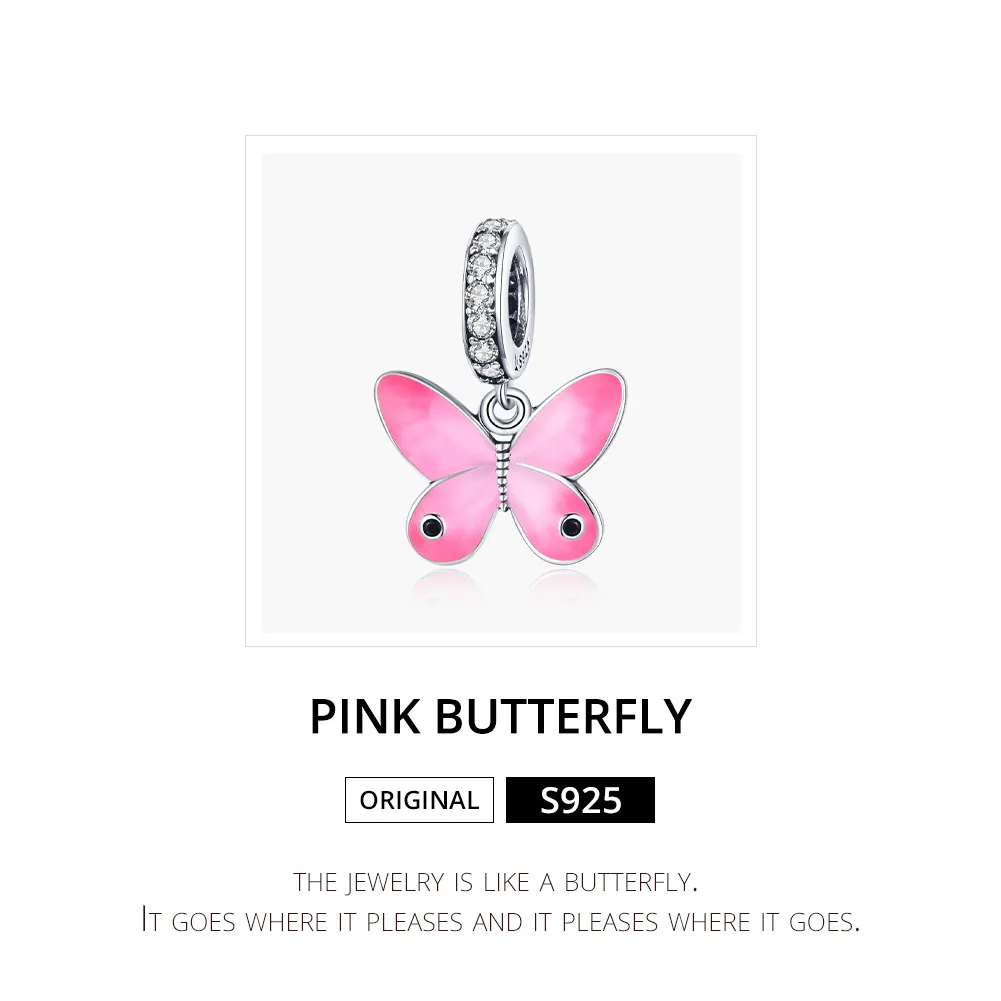 Pandora Style Silver Pink Butterfly Dangle - SCC1728