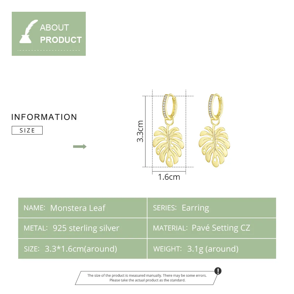 Pandora Style 18ct Gold Plated Monstera Leaf Dangle Earrings - BSE223