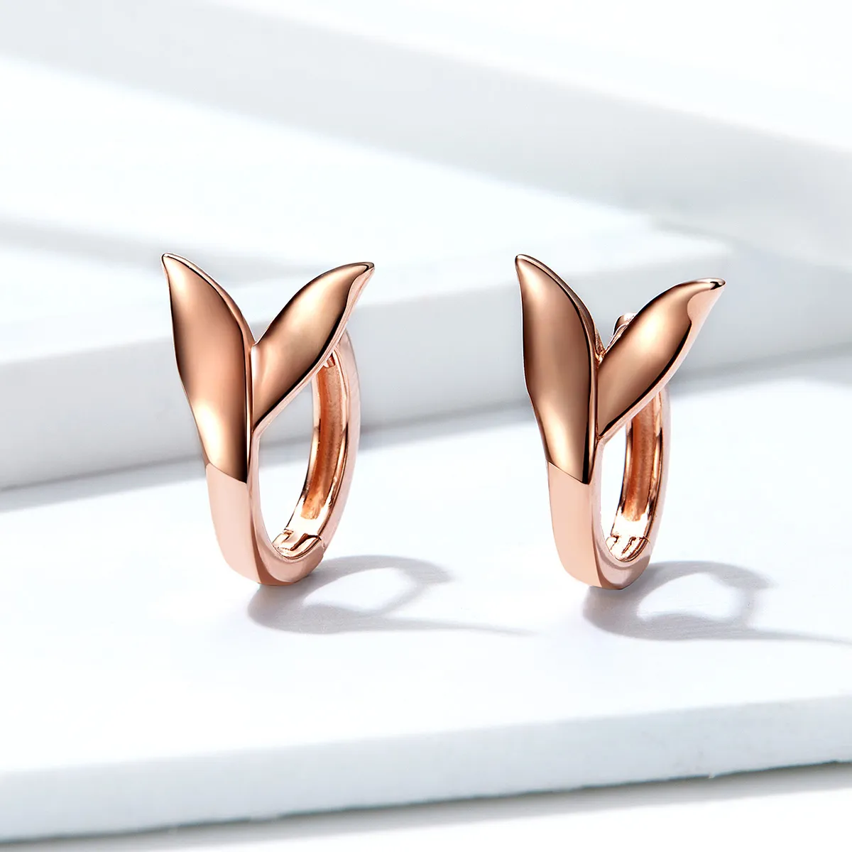 Pandora Style Rose Gold Dolphin Tail Hoop Earrings - BSE078