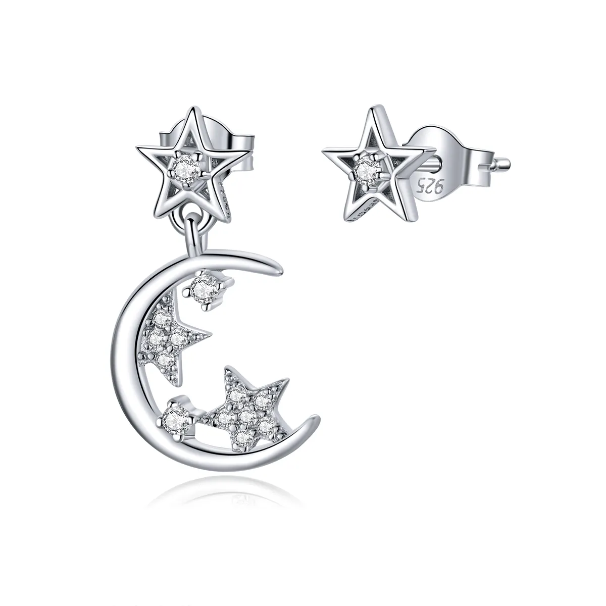Pandora Style Silver Asymmetrical Bright Star Moon Dangle Earrings - SCE813