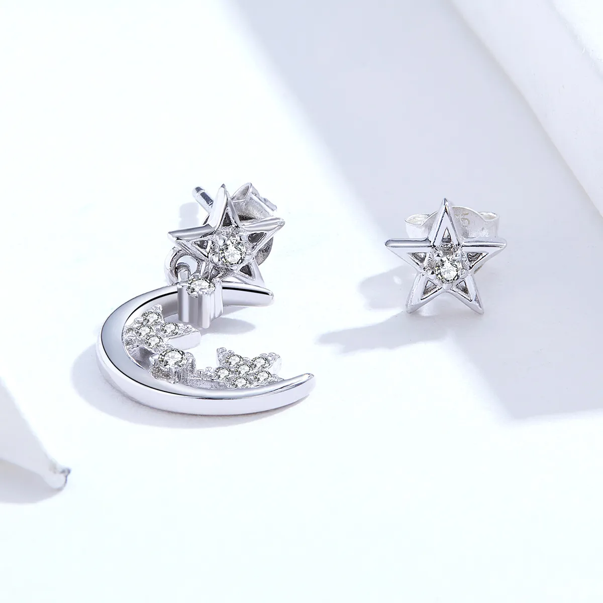 Pandora Style Silver Asymmetrical Bright Star Moon Dangle Earrings - SCE813