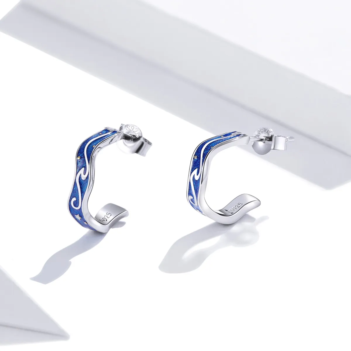 Pandora Style Silver Blue Star Pattern Stud Earrings - SCE1029