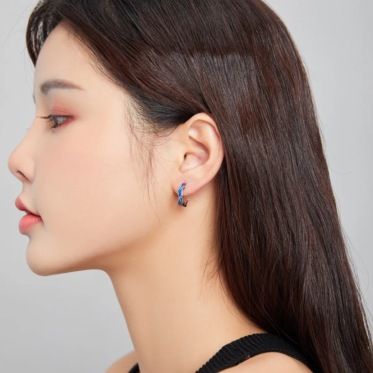 Pandora Style Silver Blue Star Pattern Stud Earrings - SCE1029