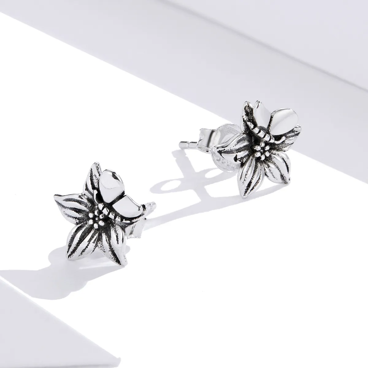 Pandora Style Silver Butterfly Love Flowers Stud Earrings - SCE887