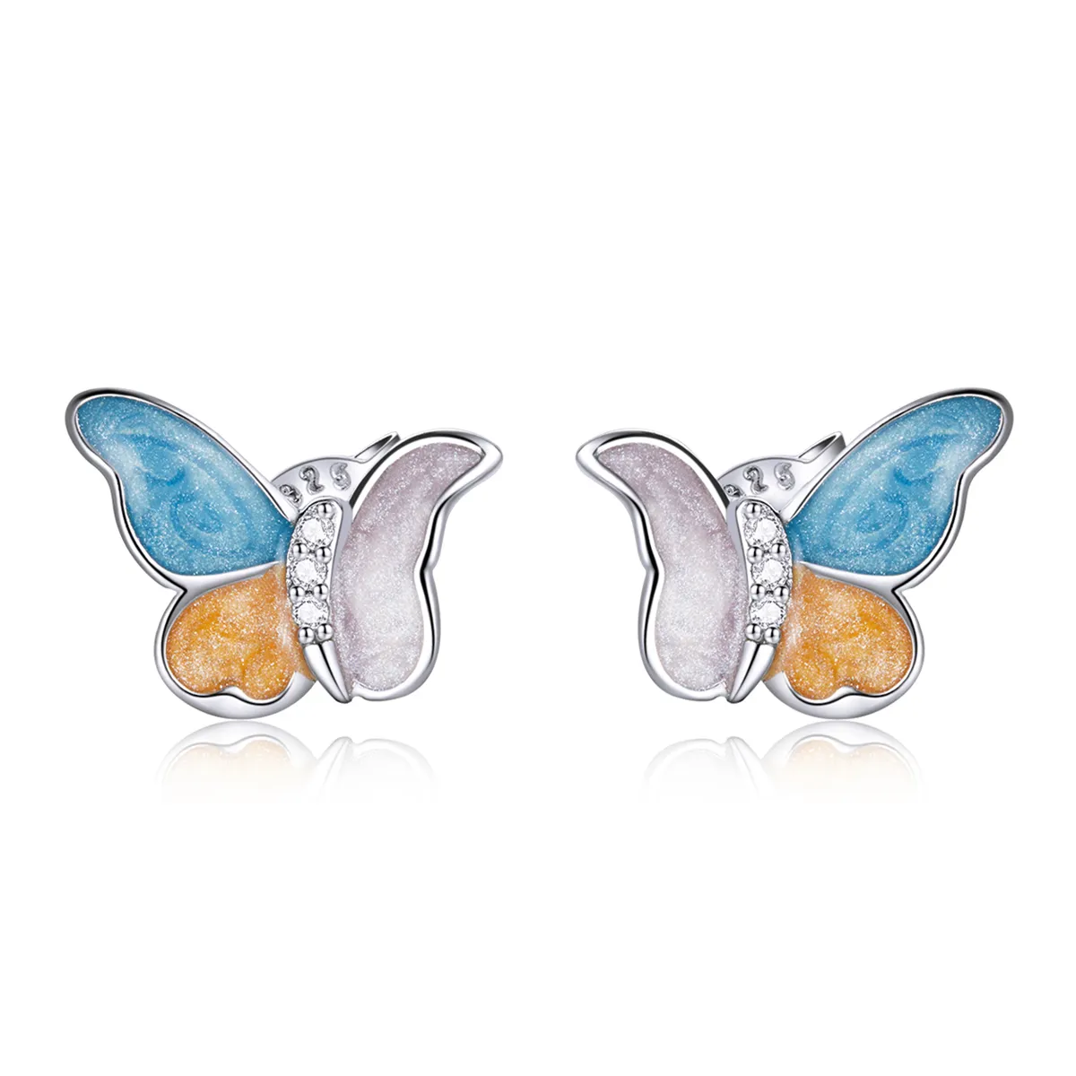 Pandora Style Silver Butterfly With Three Colors Stud Earrings - SCE1156
