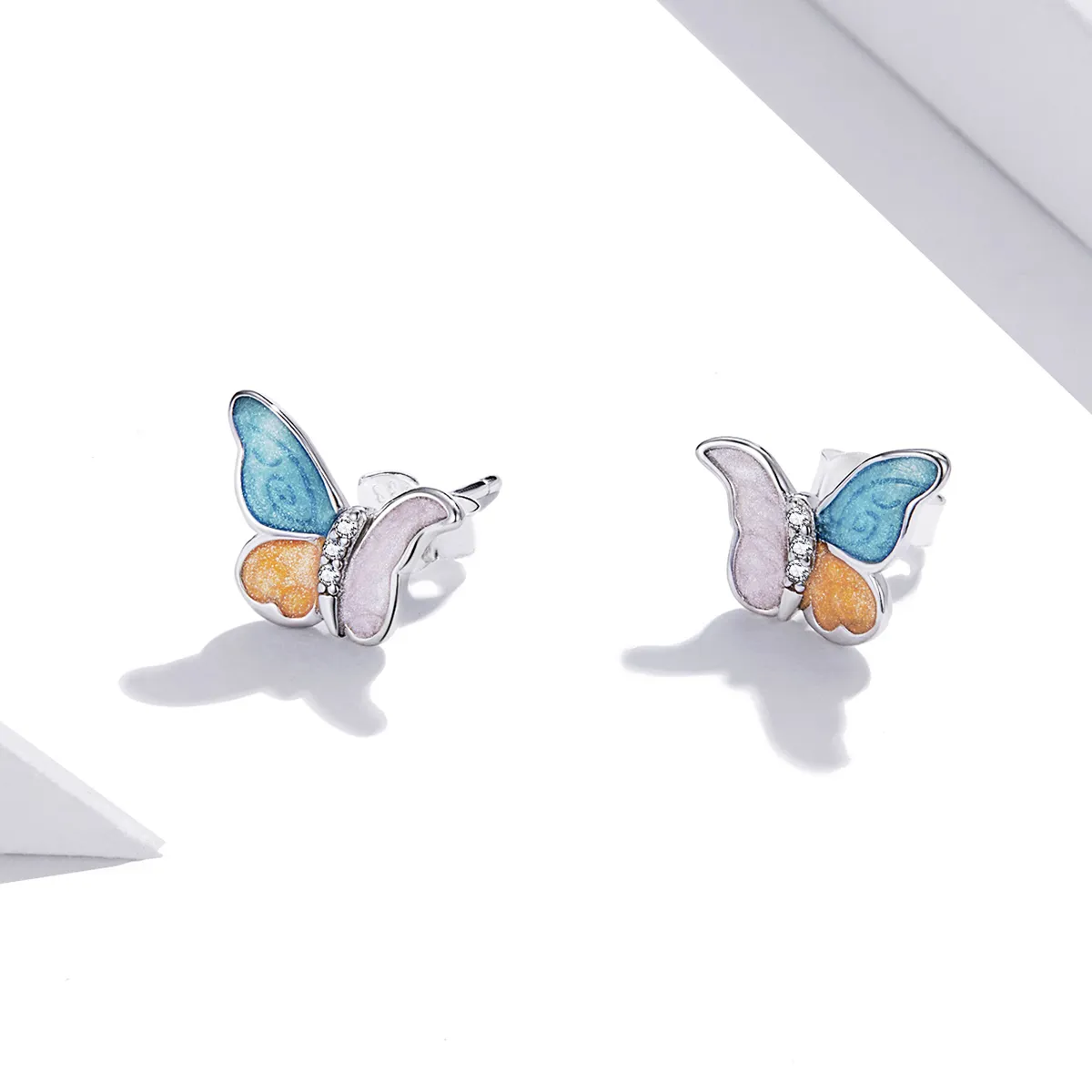 Pandora Style Silver Butterfly With Three Colors Stud Earrings - SCE1156