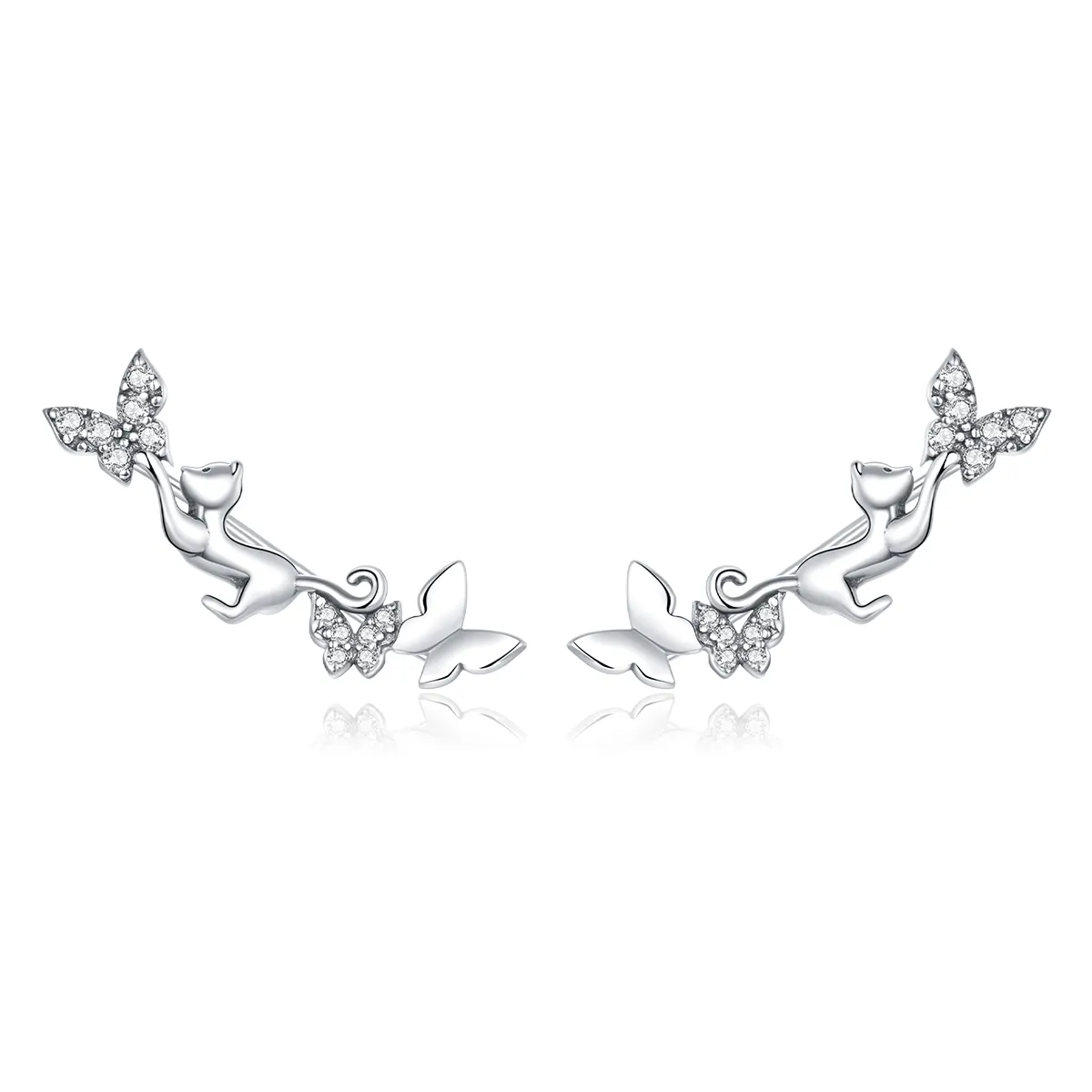 Pandora Style Silver Cat & Butterflies Stud Earrings - SCE961