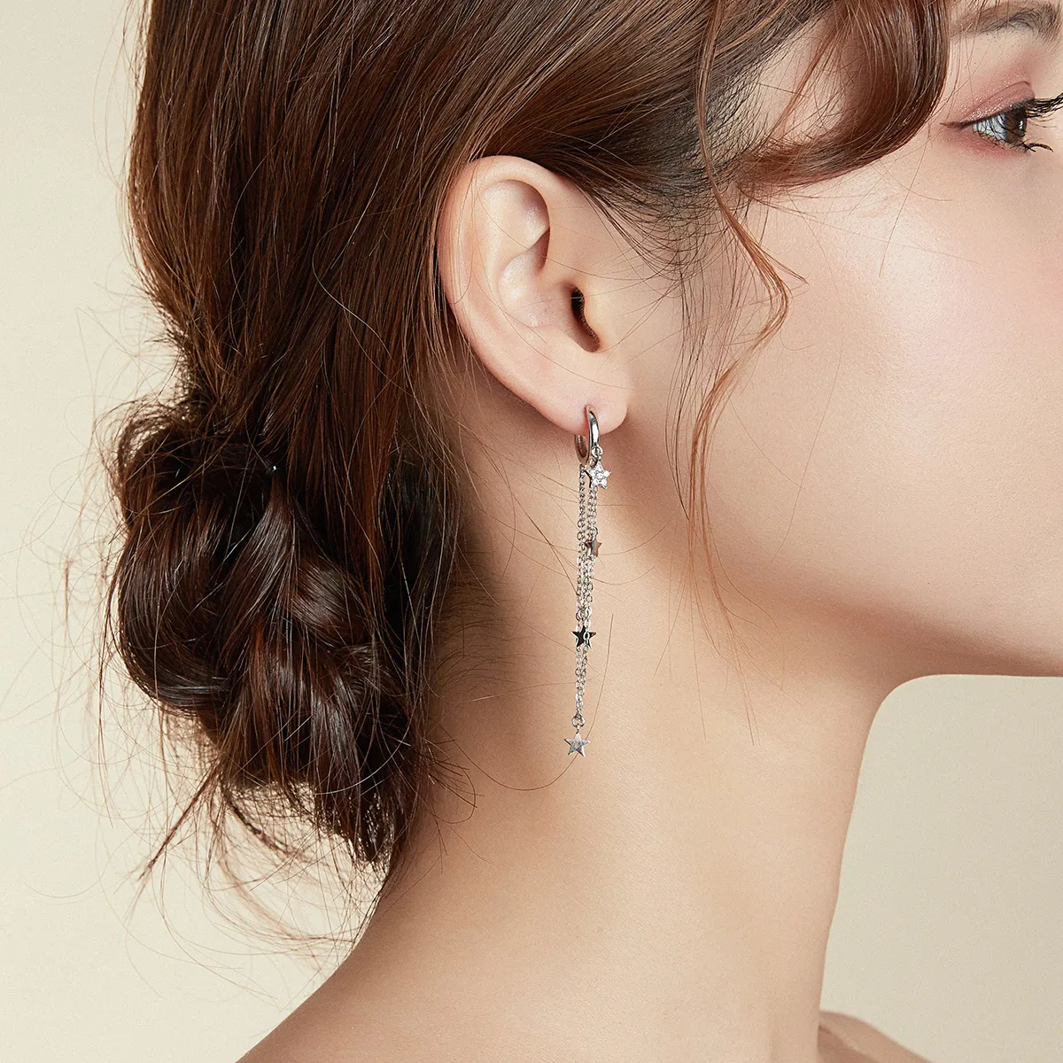 Pandora Style Silver Elegant Star Moon Dangle Earrings - SCE982