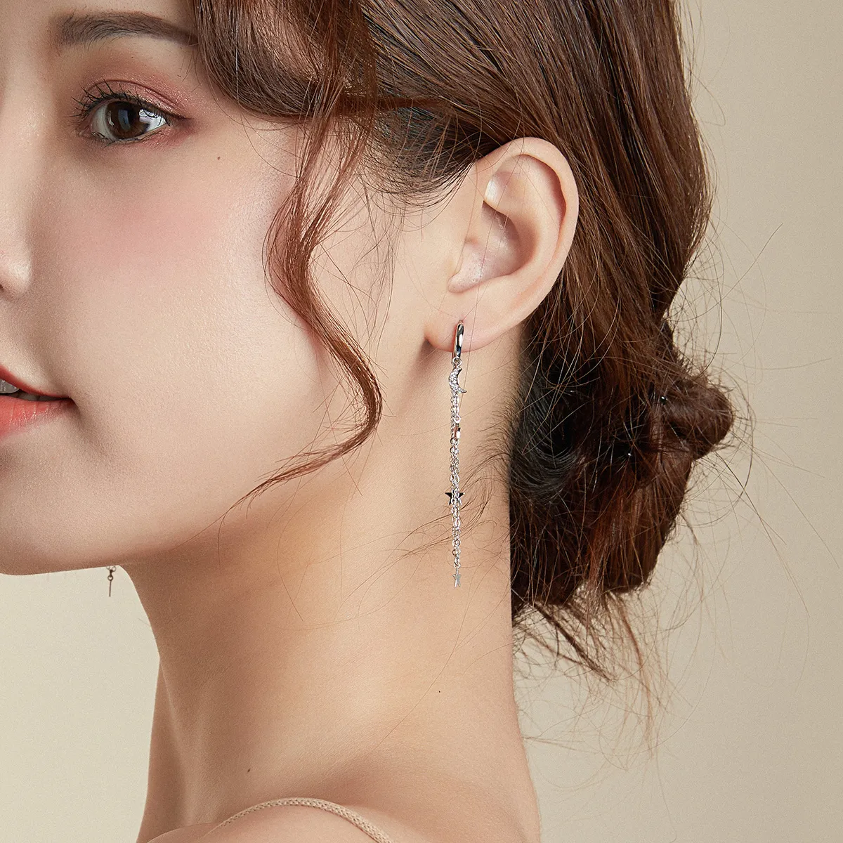 Pandora Style Silver Elegant Star Moon Dangle Earrings - SCE982