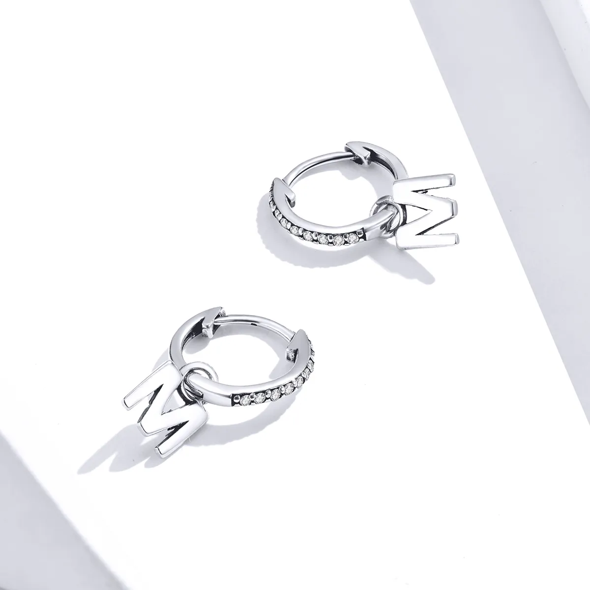 Pandora Style Silver Letter M Dangle Earrings - SCE848-M