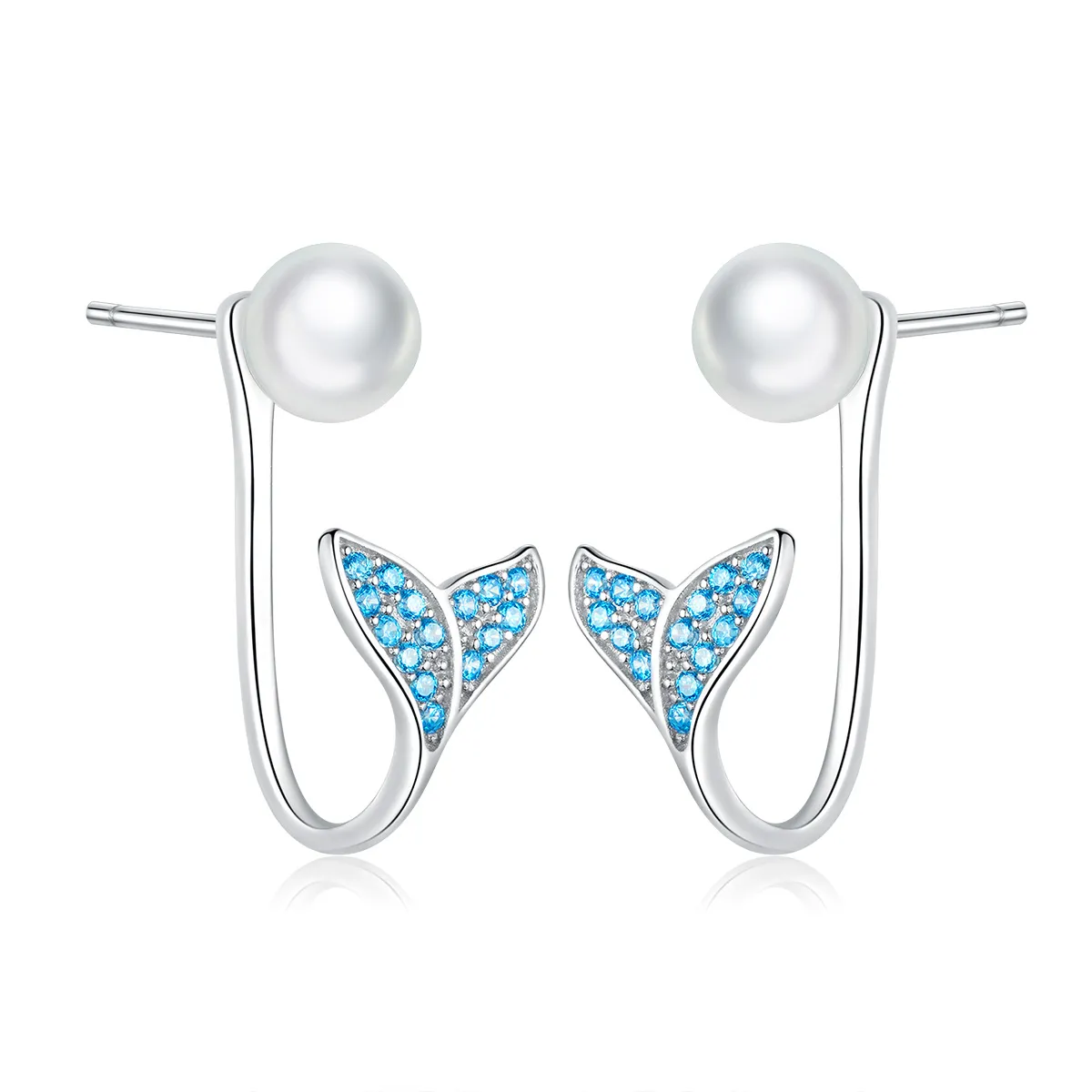 Pandora Style Silver Mermaid Tail Stud Earrings - SCE761