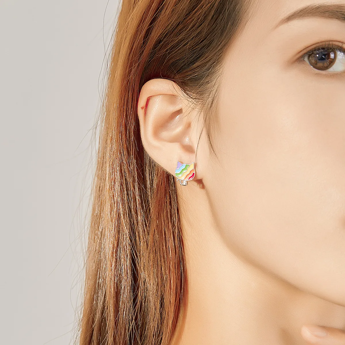 Pandora Style Silver Rainbow Kitty Stud Earrings - SCE823