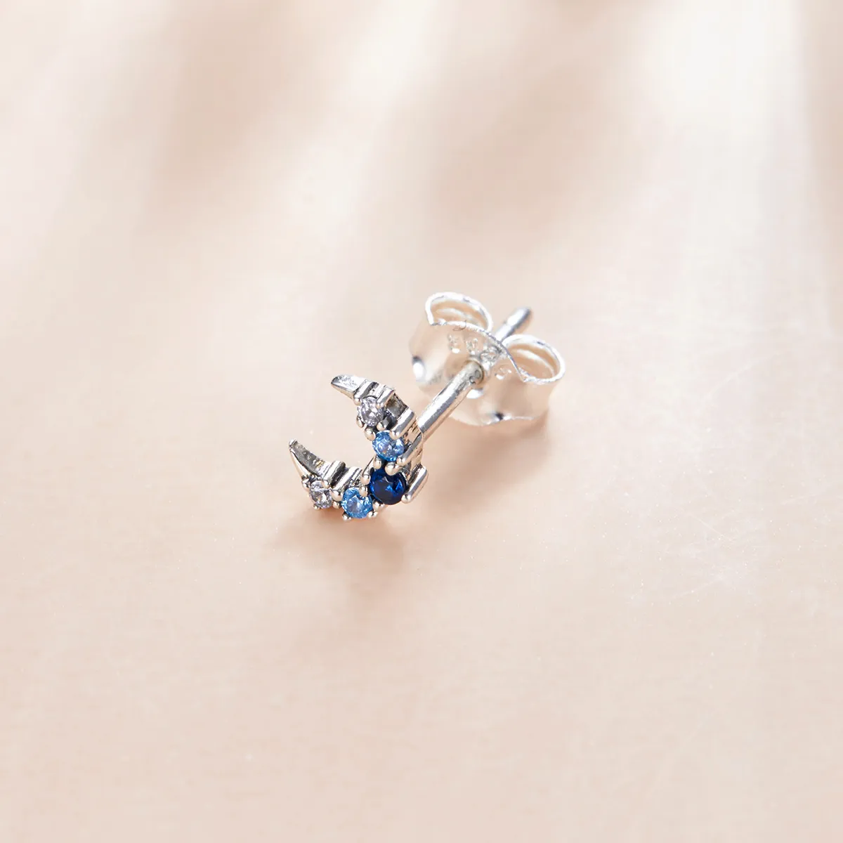 Pandora Style Silver Single Aquamarine Moon Stud Earrings - SCE1065