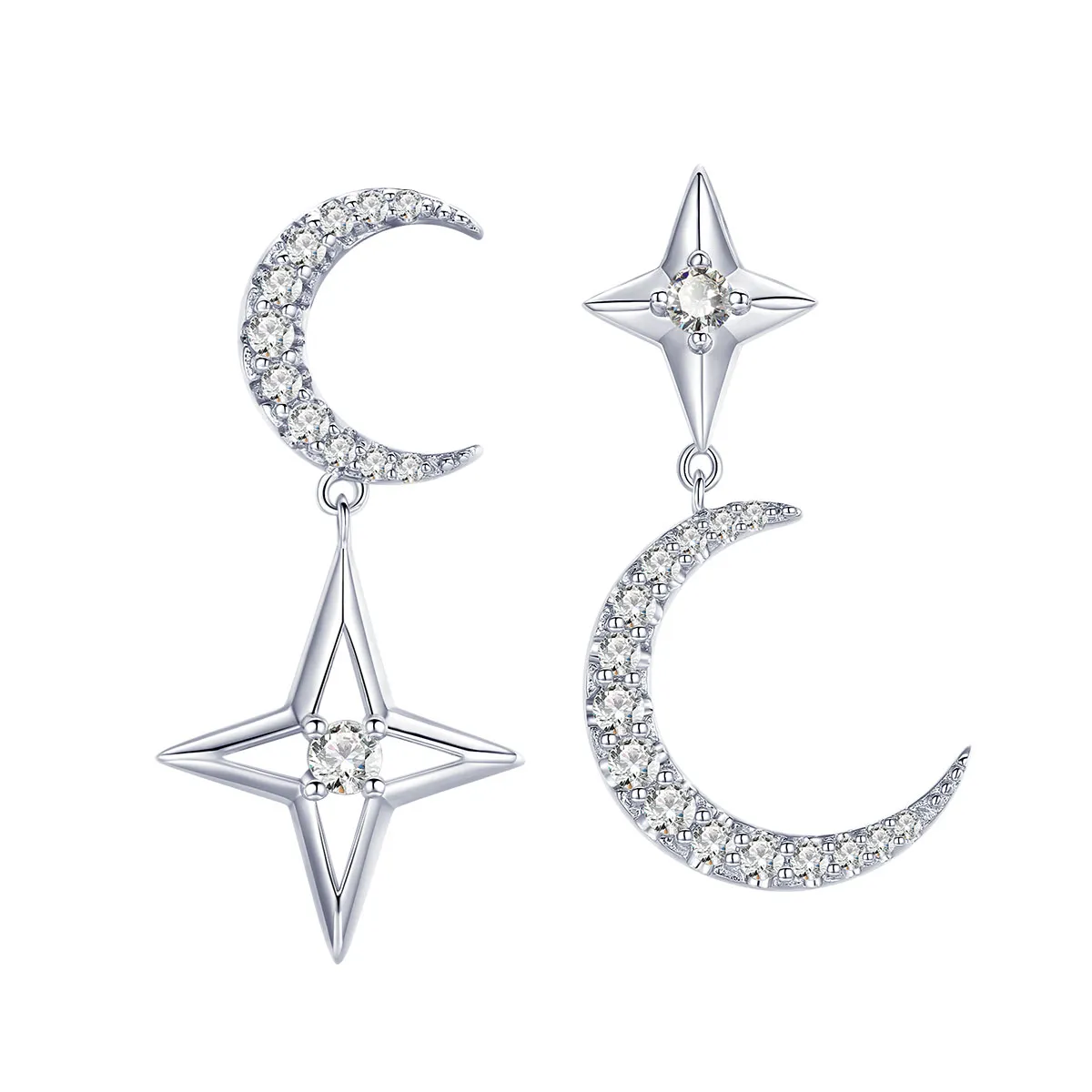 Pandora Style Silver Starlight Moon Sky Dangle Earrings - BSE050