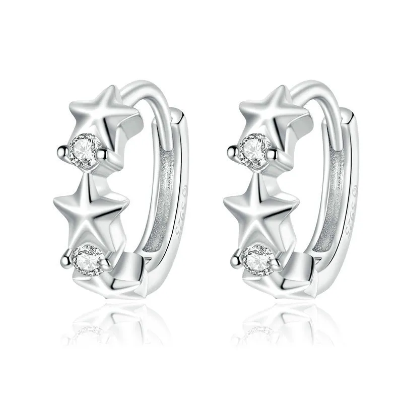 Pandora Style Silver Stars Hoop Earrings - BSE434