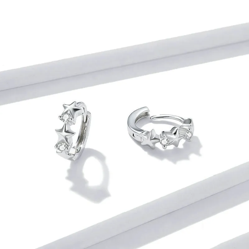 Pandora Style Silver Stars Hoop Earrings - BSE434
