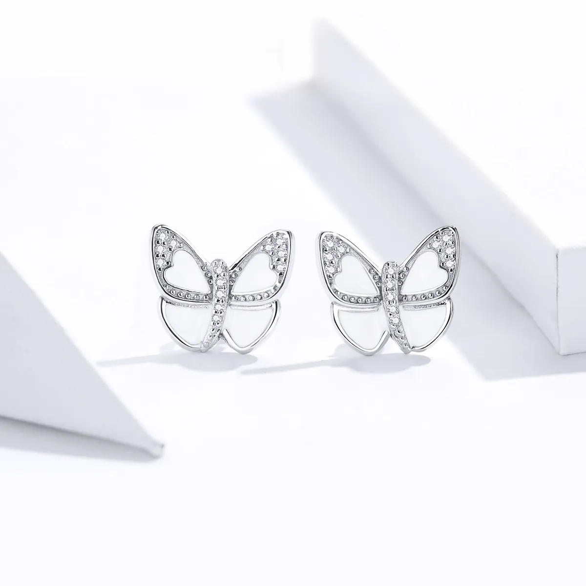 Pandora Style Silver White Butterfly Stud Earrings - SCE876