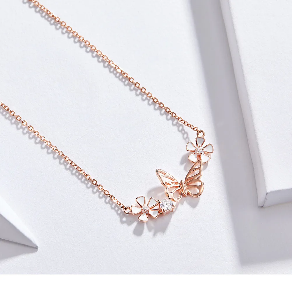 Pandora Style Rose Gold Dancing Butterfly Pendant Necklace - BSN053
