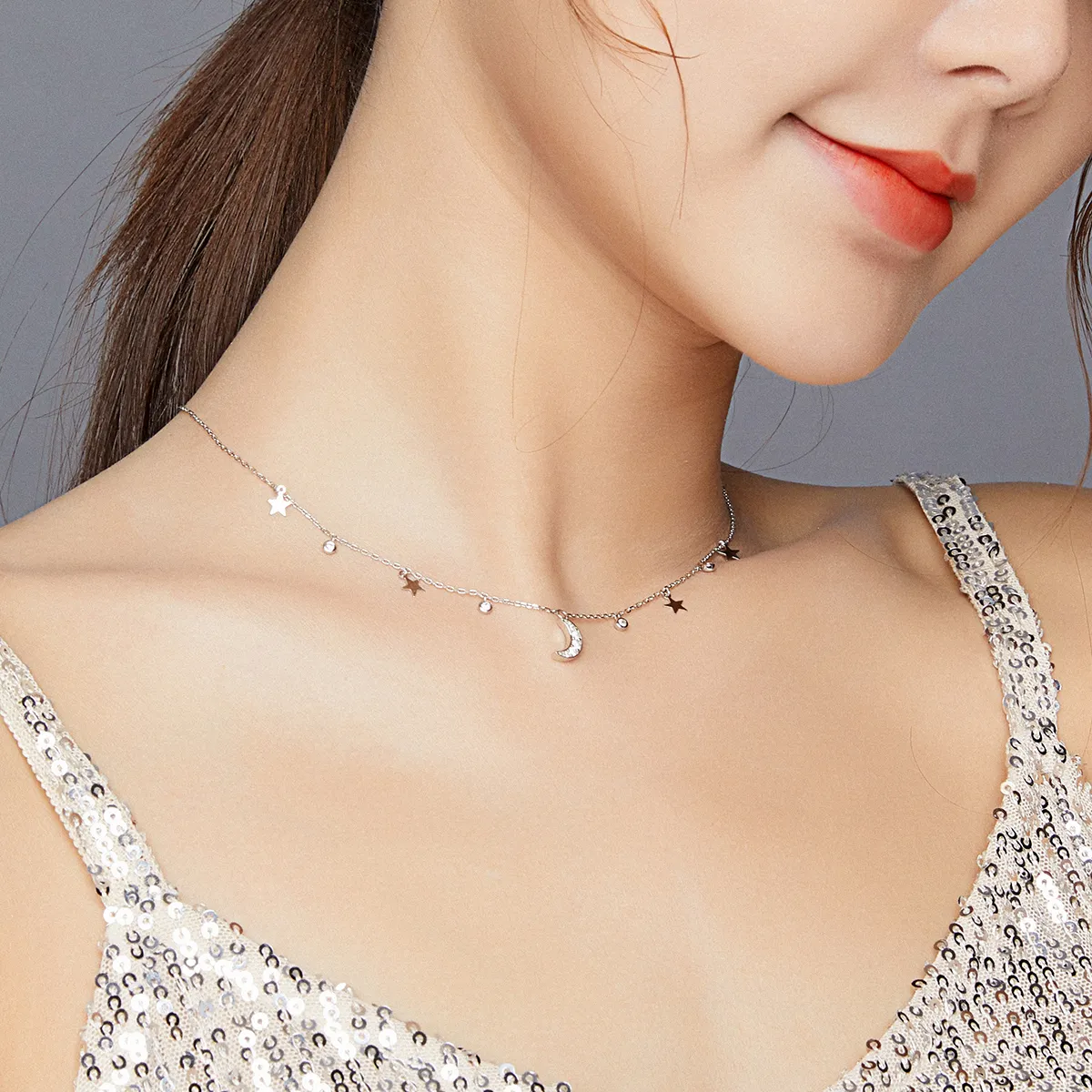 Pandora Style Silver Dream Star Moon Pendant Necklace - SCN420
