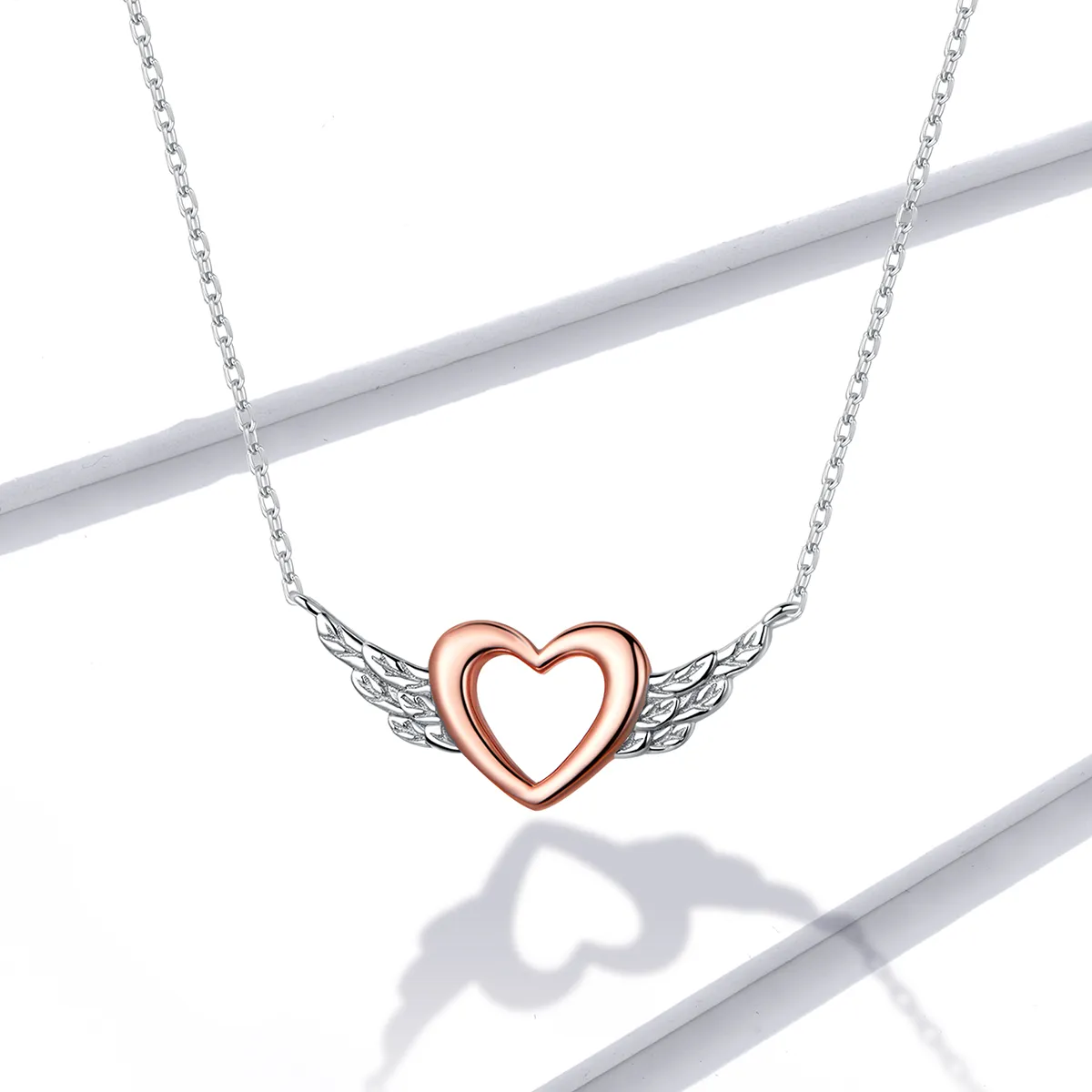 Pandora Style Two Tone Bicolor Heart Wing Pendant Necklace - BSN162