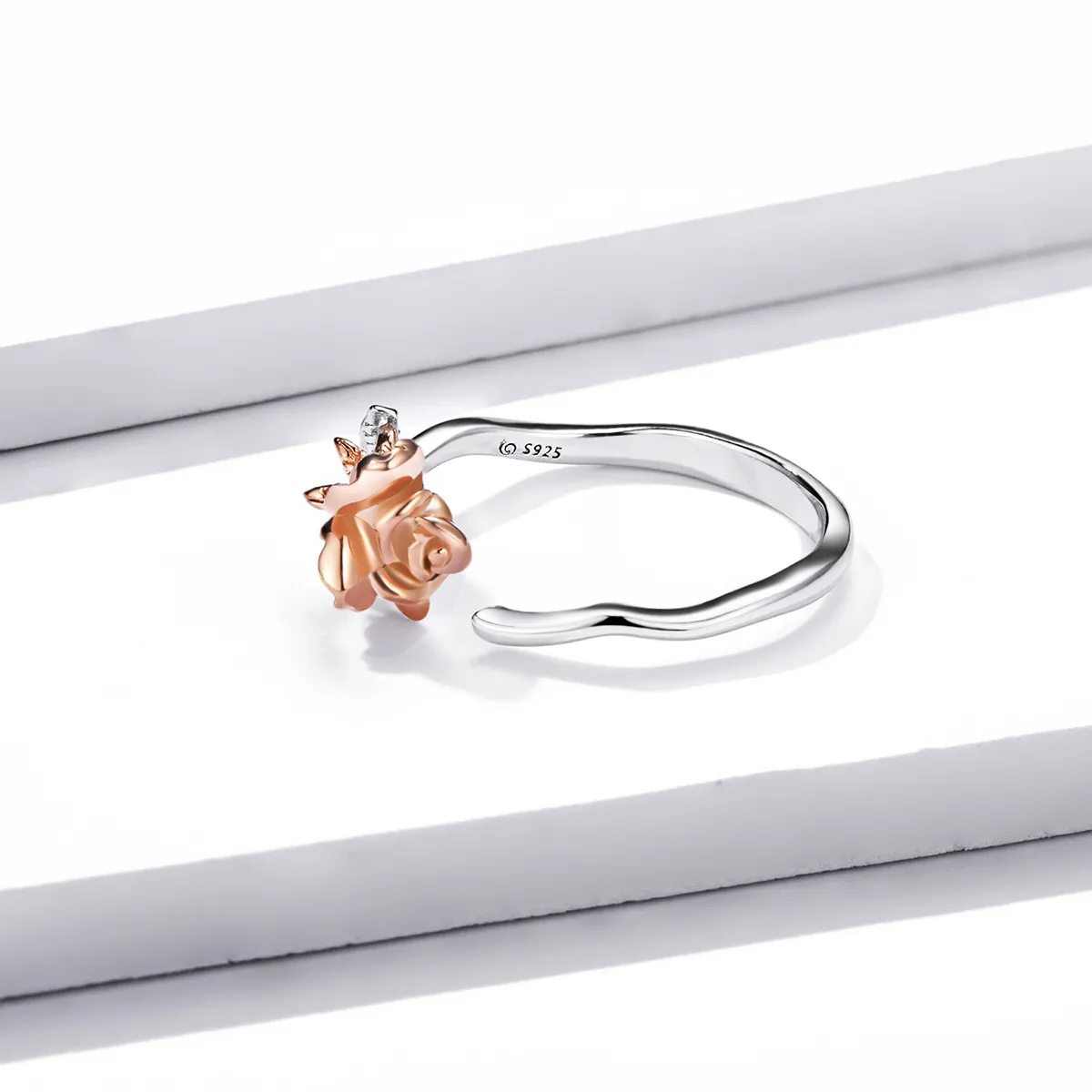 Pandora Style Two Tone Rose Gold Flower Open Ring - BSR134