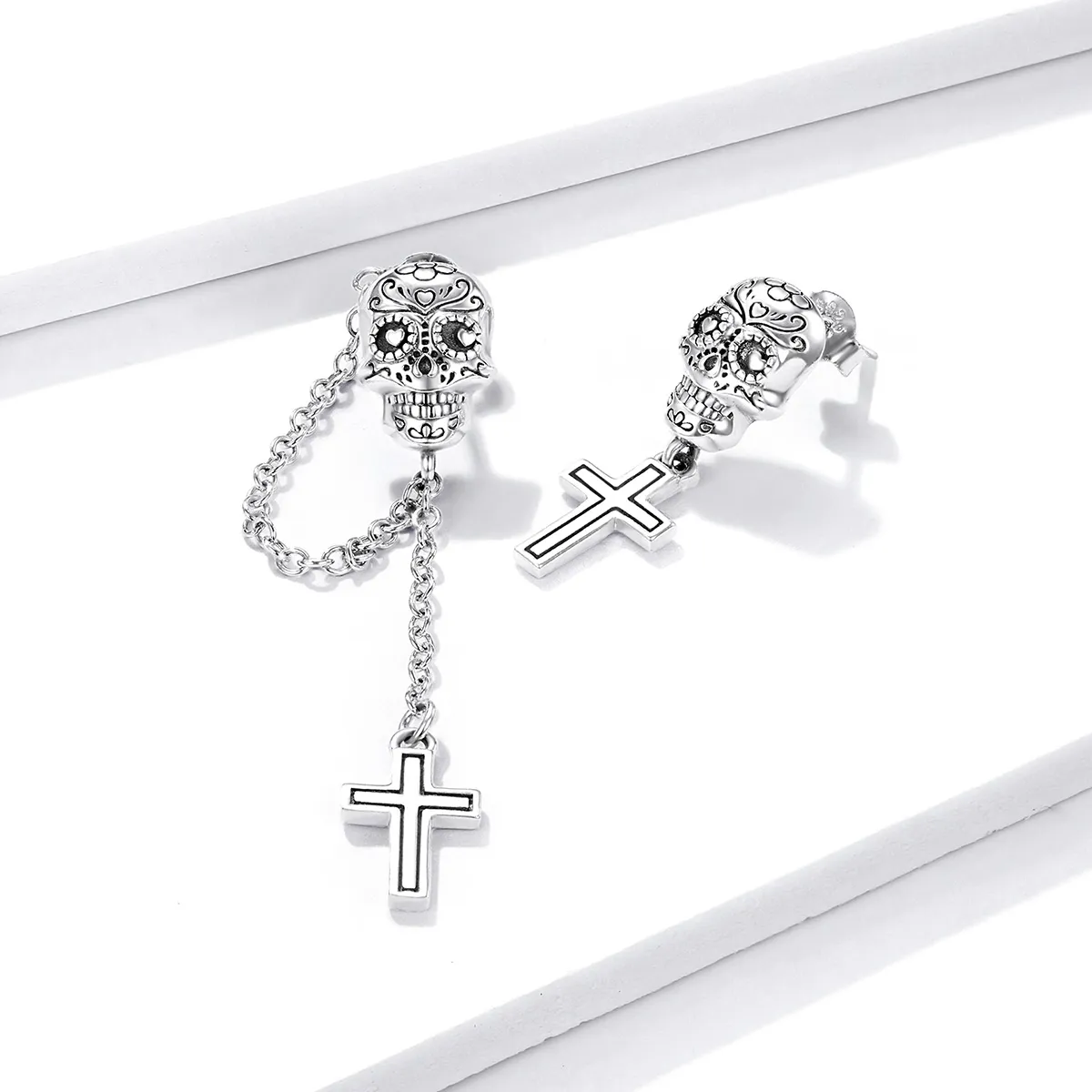 Pandora Style Silver Skull Cross Dangle Earrings - BSE419