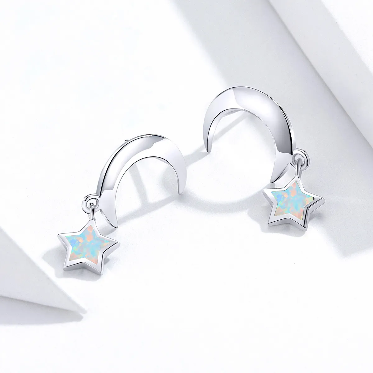 Pandora Style Moon and Star Opal Hanging Earrings - SCE707