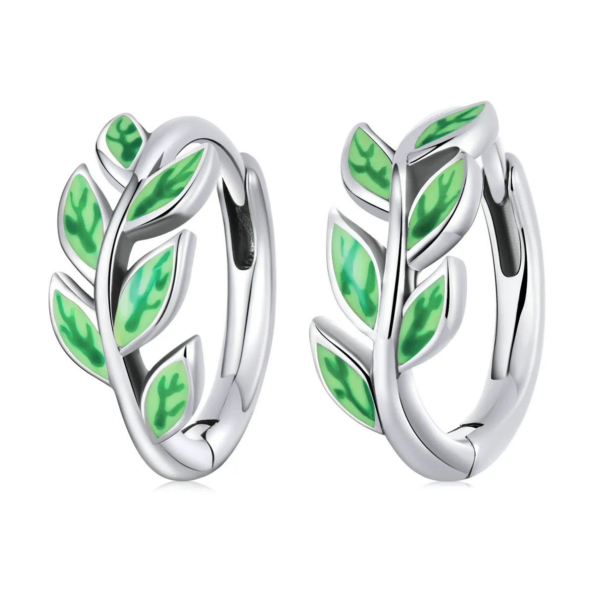 pandora style green leaves hoop earrings sce1392