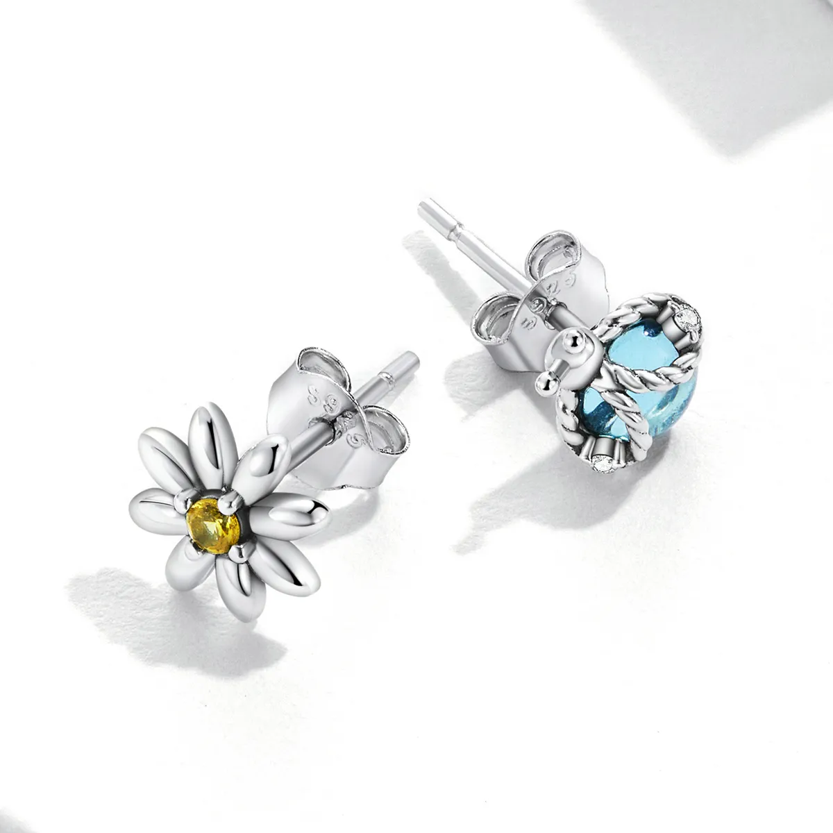 Pandora Style Asymmetric Daisy Ladybug Stud Earrings - SCE1364