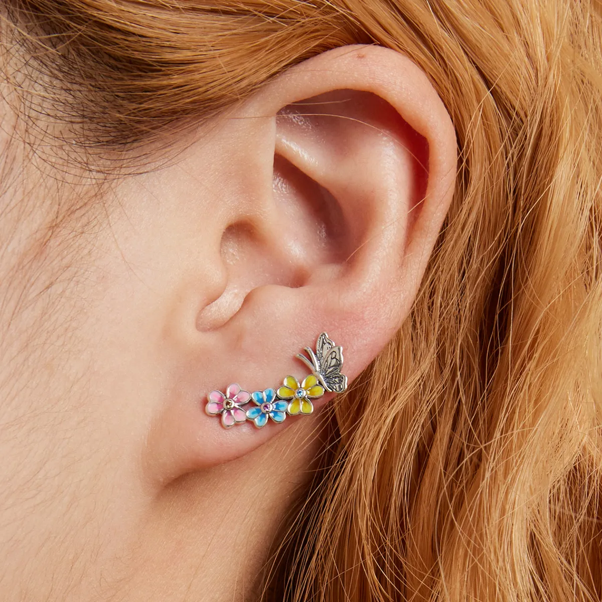 Pandora Style Butterfly Flower Stud Earrings - SCE1393
