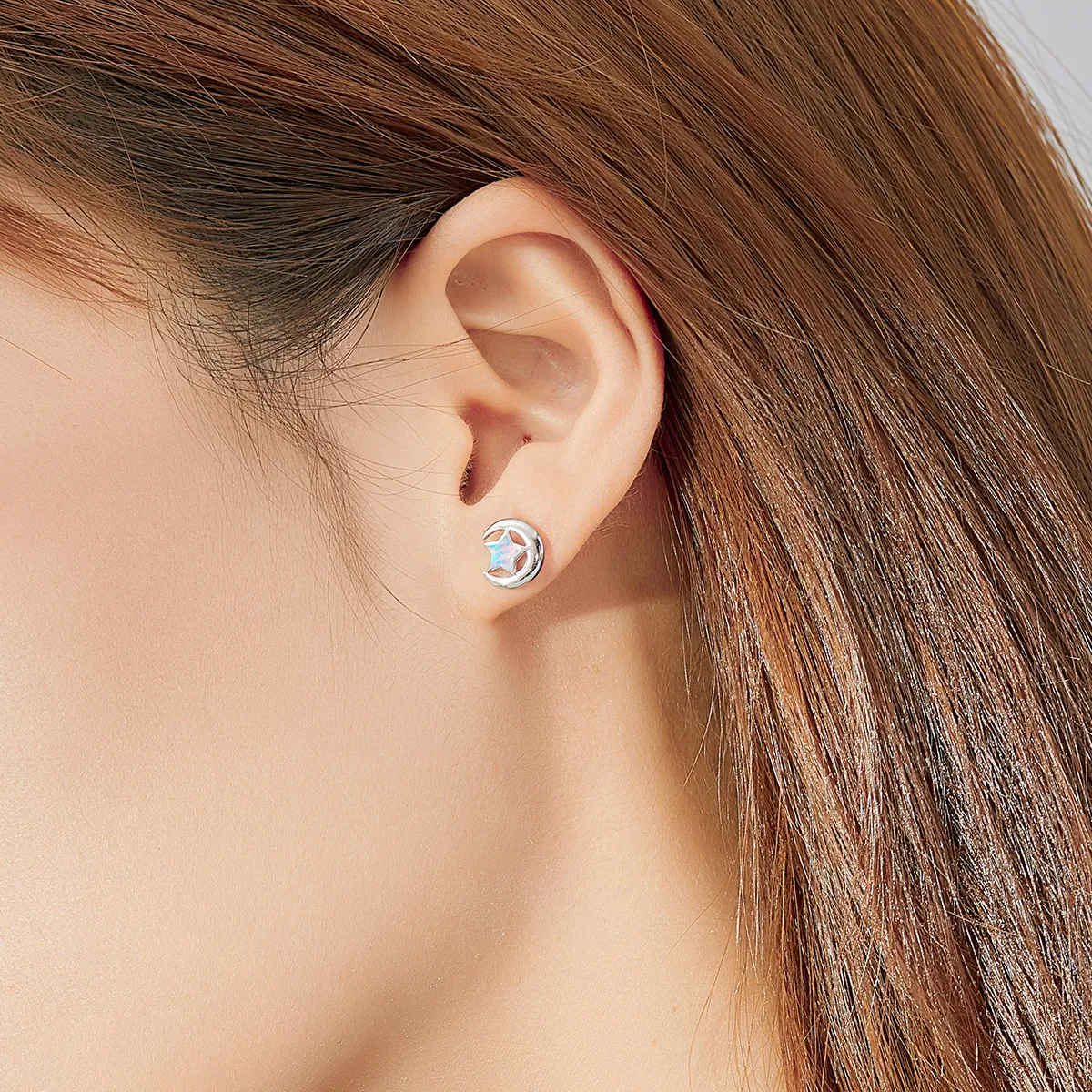 Pandora Style Opal Moon Stud Earrings - SCE816-A