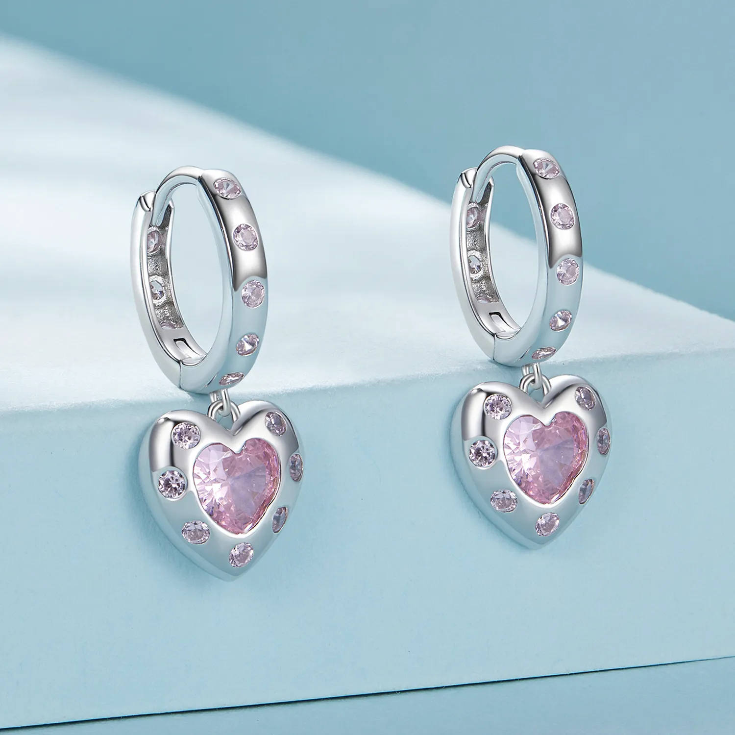 Pandora Style Pink Heart-Shaped Hoop Earrings - SCE1625