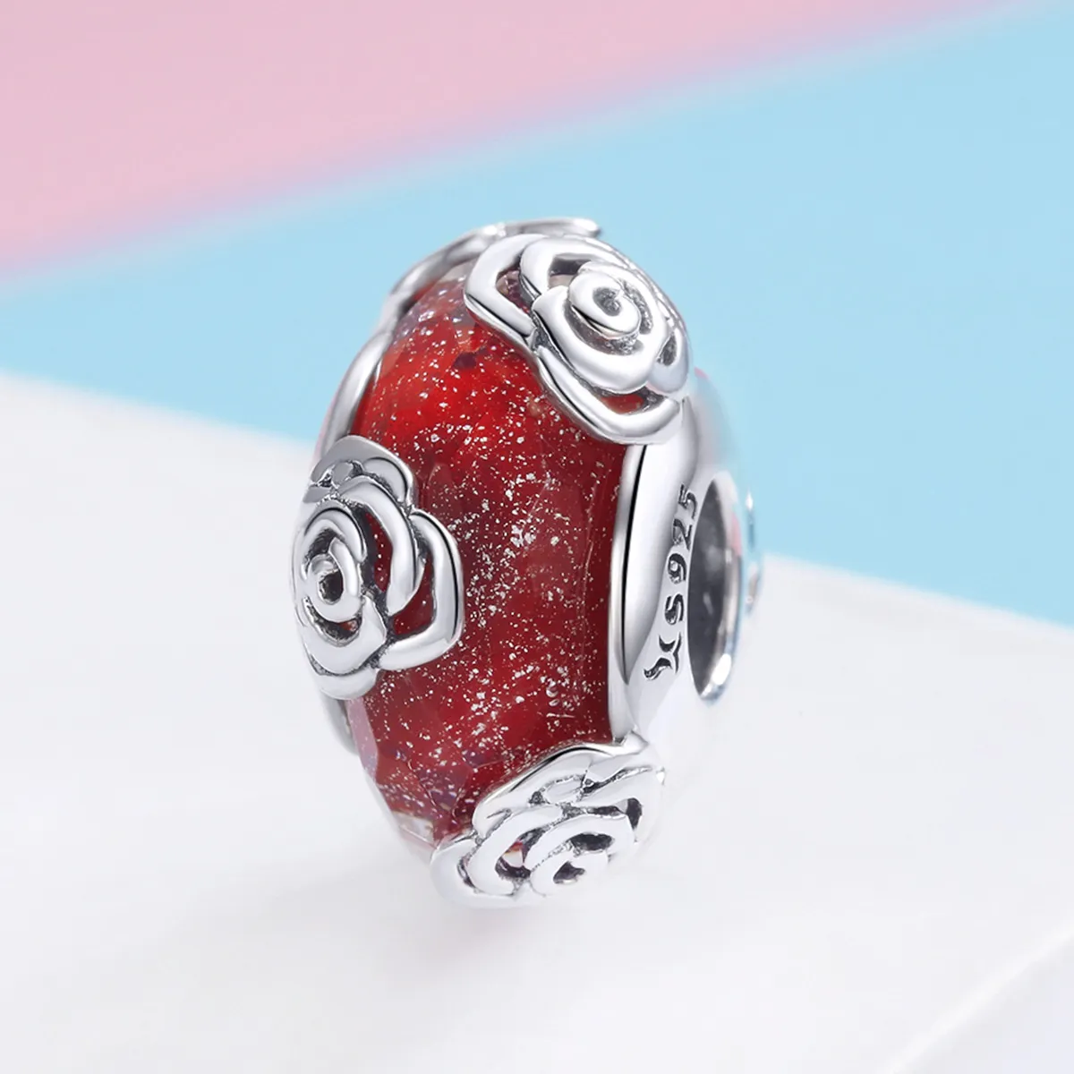 Pandora Style Silver Fragrant Rose Glass Murano Charm - SCC1030