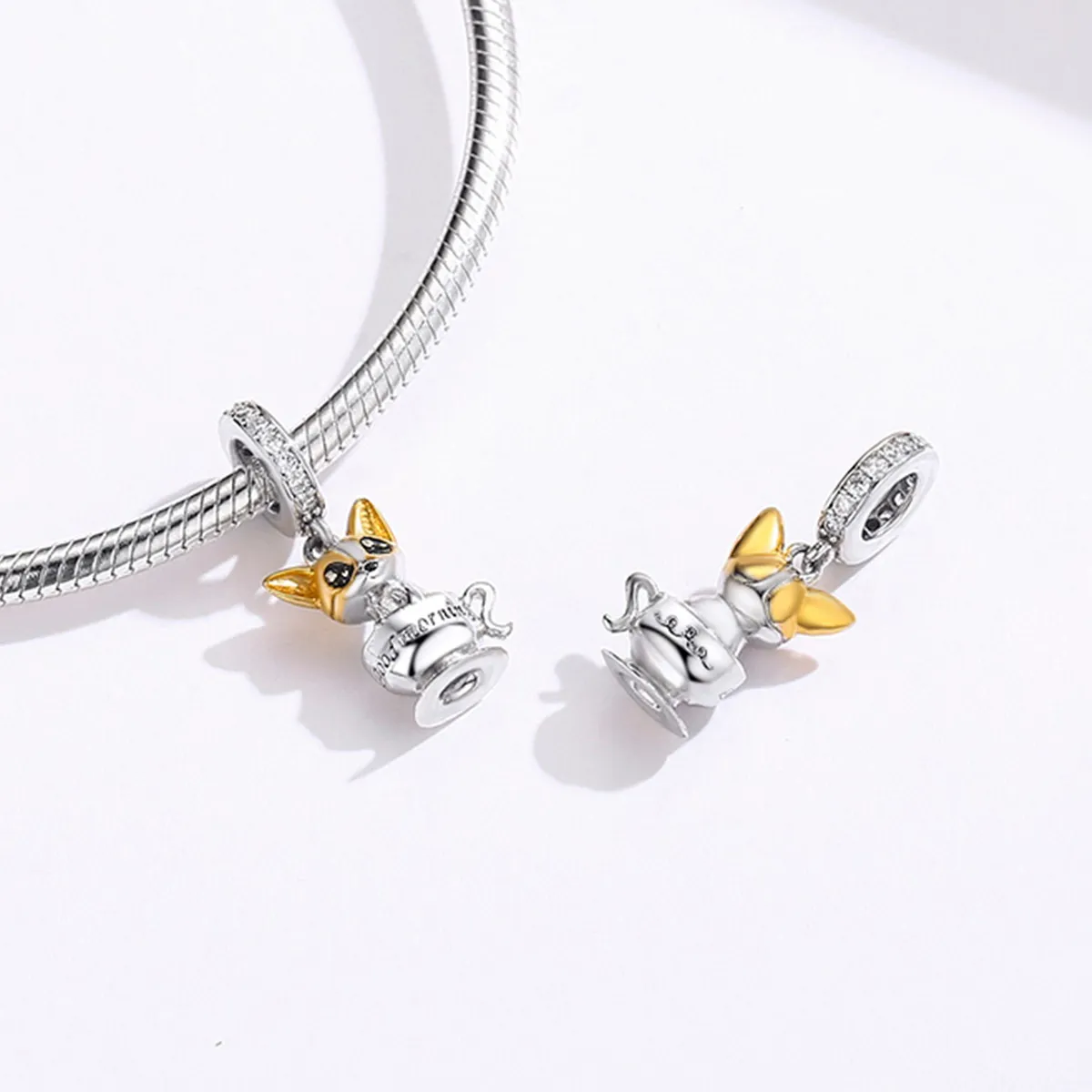 Pandora Style Silver & Gold-Plated Cup Puppy Dangle - SCC1214