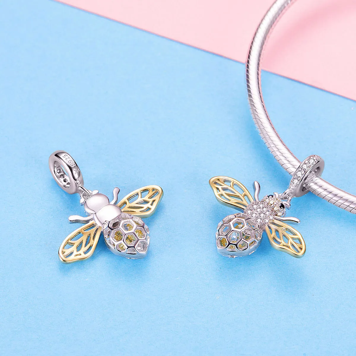 Pandora Style Silver & Gold-Plated Motion Bee Dangle - SCC1125