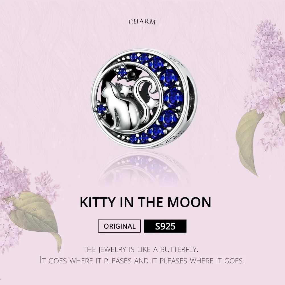 Pandora Style Silver Kitty In The Moon Charm - SCC1204
