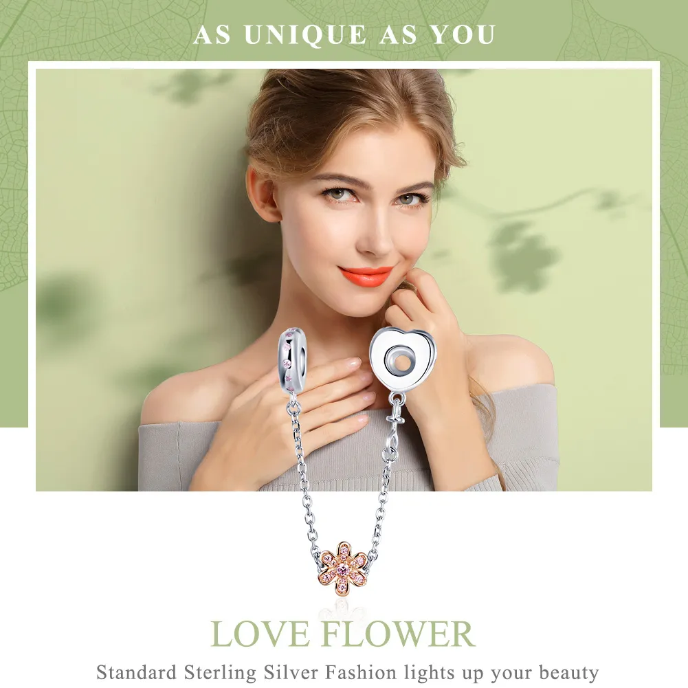 Pandora Style Silver Love Flower Safety Chain - SCC1113