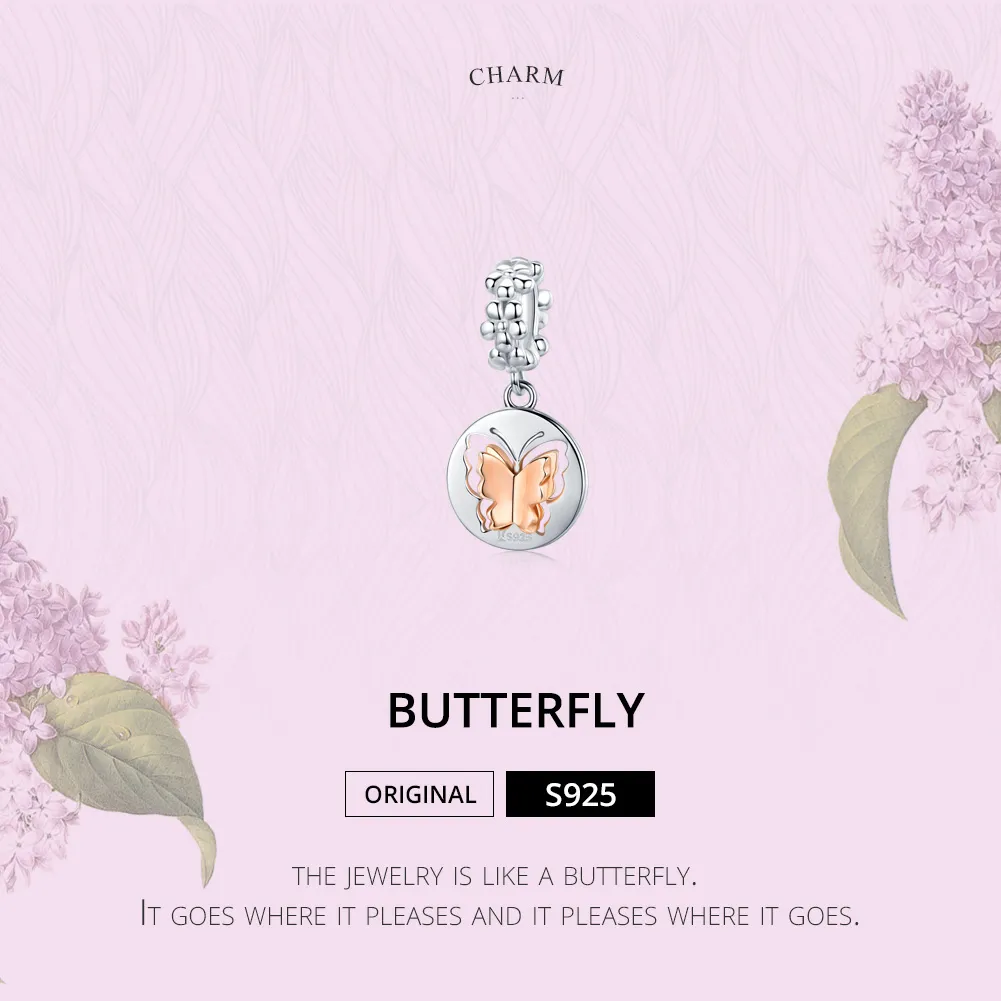 Pandora Style Silver & Rose Gold Butterfly Dangle - SCC1250