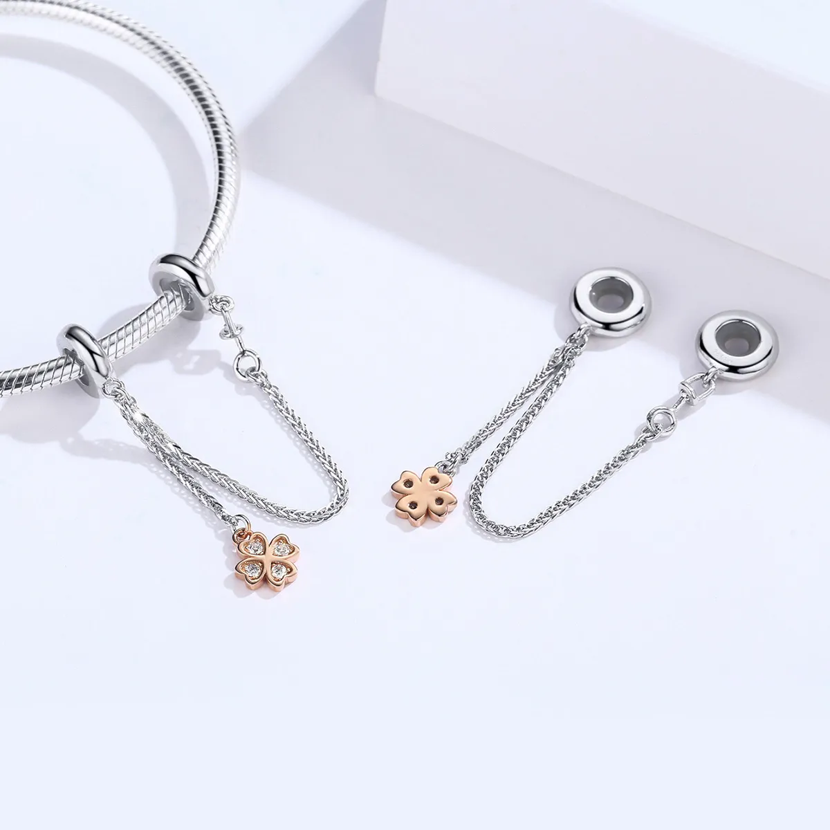Pandora Style Silver & Rose Gold Clover Safety Chain - SCC1261