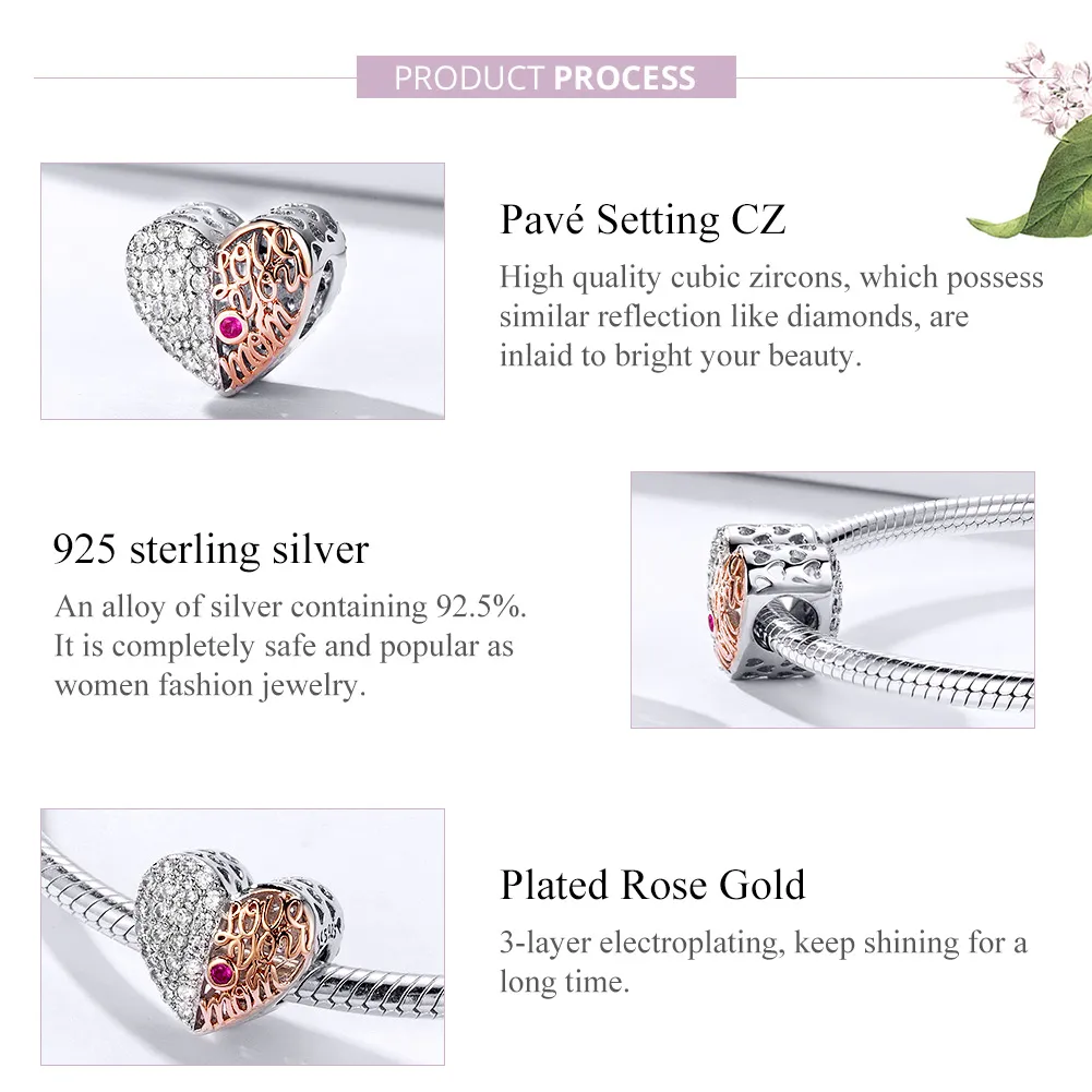 Pandora Style Silver & Rose Gold Mom Heart Charm - SCC1173