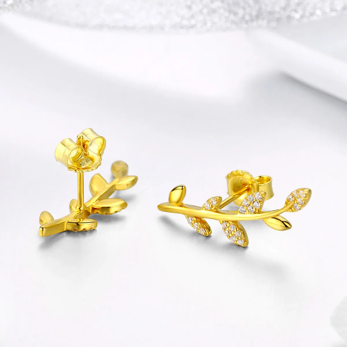 Pandora Style Gold-Plated Branch of Leaves Stud Earrings - SCE556