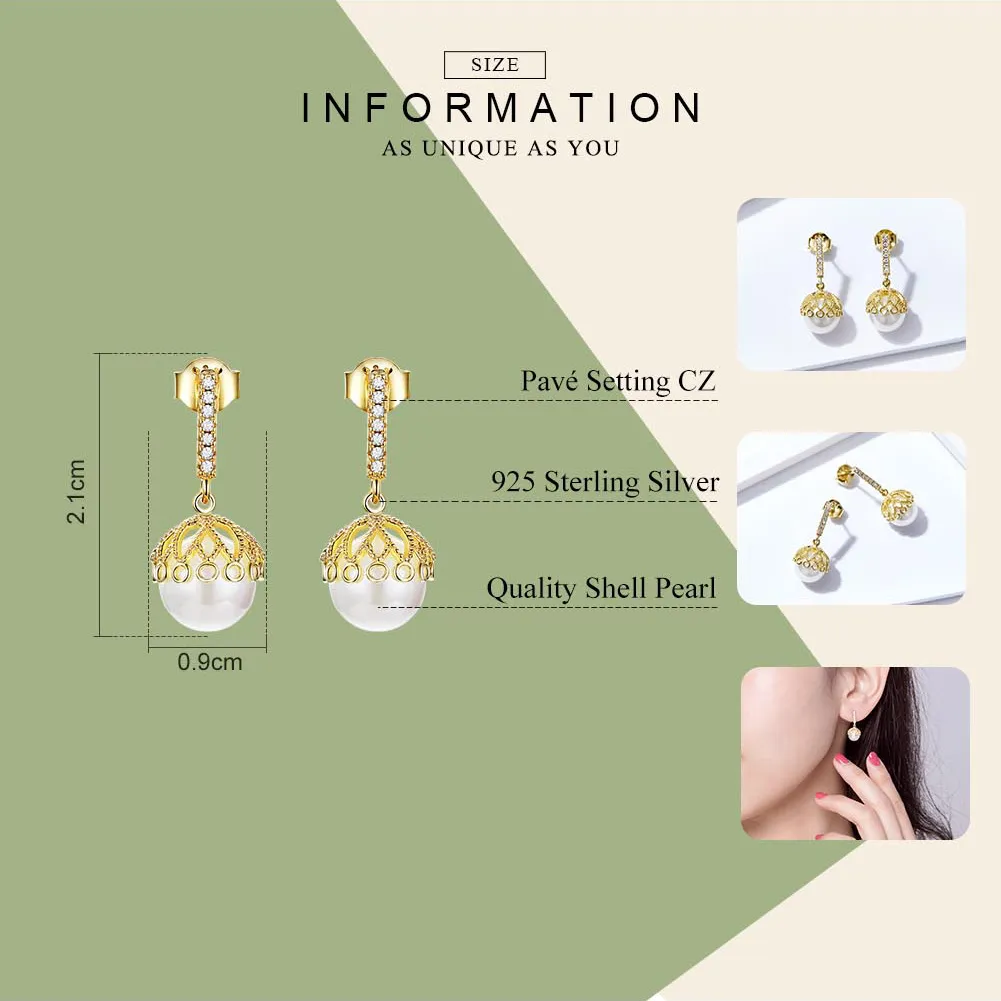 Pandora Style Gold-Plated Gentle Pearl Hanging Earrings - SCE608
